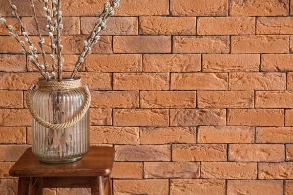 Vase Pussy Willow Branches Stool Brick Wall Closeup — 图库照片