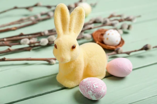 Toy Bunny Easter Eggs Willow Branches Color Wooden Background Closeup — Photo