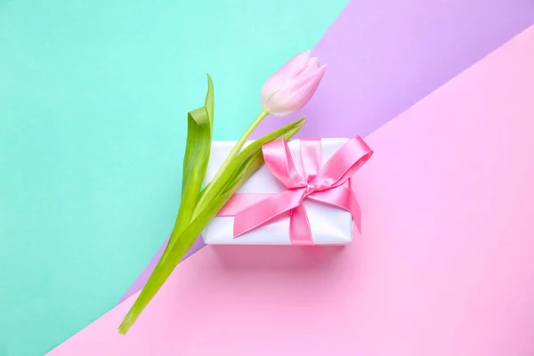 Beautiful tulip and gift for Women's Day celebration on color background