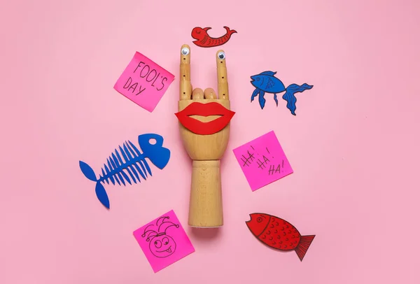 Creative Composition Wooden Hand Paper Decor Pink Background April Fool — Stock Fotó