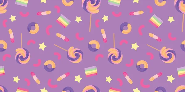 Leckere Bonbons Auf Violettem Hintergrund Banner Für Design — Stockvektor