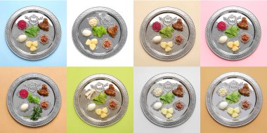 Collage with Passover Seder plates on color background