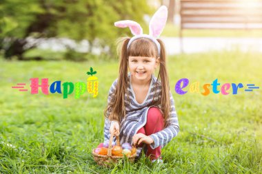 Easter greeting card with little girl gathering eggs in park