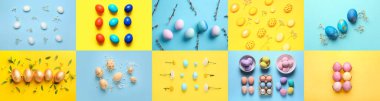 Collage with beautiful Easter eggs on color background