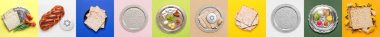 Collage with Jewish flatbread matza and Passover Seder plates on color background