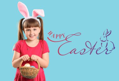 Easter greeting card with little girl holding basket of eggs on blue background