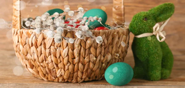 Basket Easter Eggs Pussy Willow Branches Toy Bunny Wooden Background — 스톡 사진