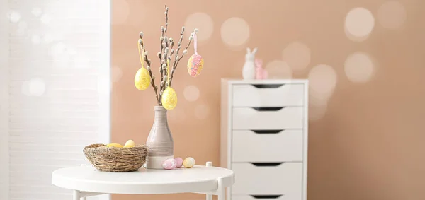 Vase Pussy Willow Branches Beautiful Easter Eggs Table Room — Stock Photo, Image
