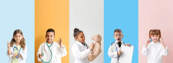 Коллаж Маленькими Забавными Докторами Красочном Фоне — стоковое фото