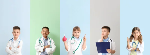 Collage Met Grappige Kleine Artsen Kleurrijke Achtergrond — Stockfoto
