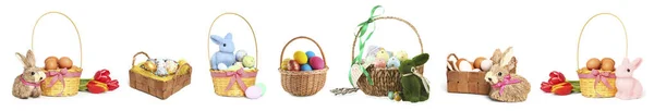 Set Baskets Painted Easter Eggs White Background — Stock Photo, Image