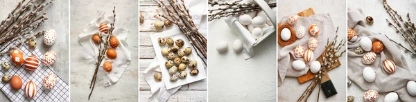 Collage Easter Eggs Pussy Willow Branches Light Background — Stock Photo, Image