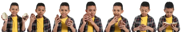 白い背景にチョコレートイースターエッグとかわいいアフリカ系アメリカ人の男の子のセット — ストック写真