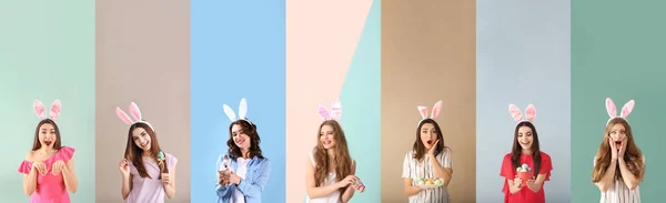 Set Van Mooie Jonge Vrouwen Met Konijnenoren Paaseieren Kleurrijke Achtergrond — Stockfoto