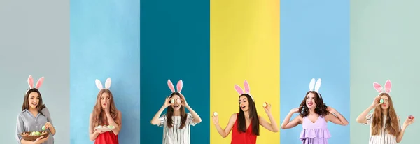 カラフルな背景にウサギの耳とイースターエッグを持つかなり若い女性のセット — ストック写真