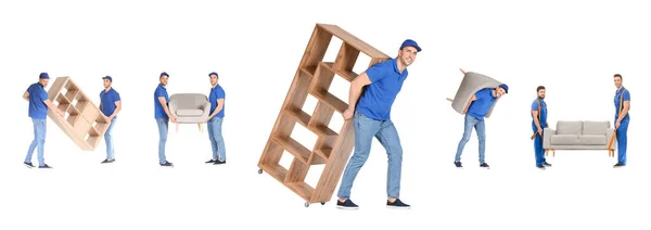 白い背景に異なる家具を運ぶローダーのコラージュ — ストック写真