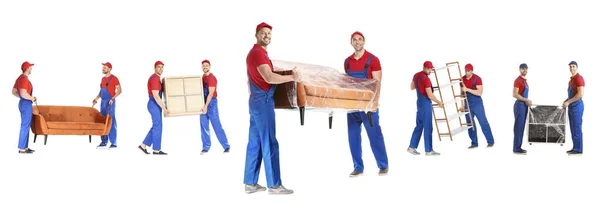 白い背景に異なる家具を運ぶローダーのグループ — ストック写真