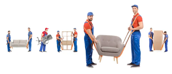 Collage Cargadoras Que Transportan Diferentes Muebles Sobre Fondo Blanco — Foto de Stock