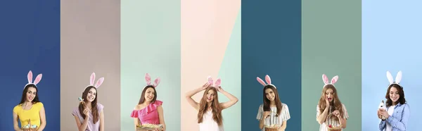 Renkli Arka Planda Tavşan Kulaklı Paskalya Yumurtası Olan Bir Grup — Stok fotoğraf