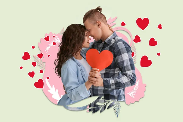 Adorable loving couple with paper heart on light background. Valentine\'s Day celebration