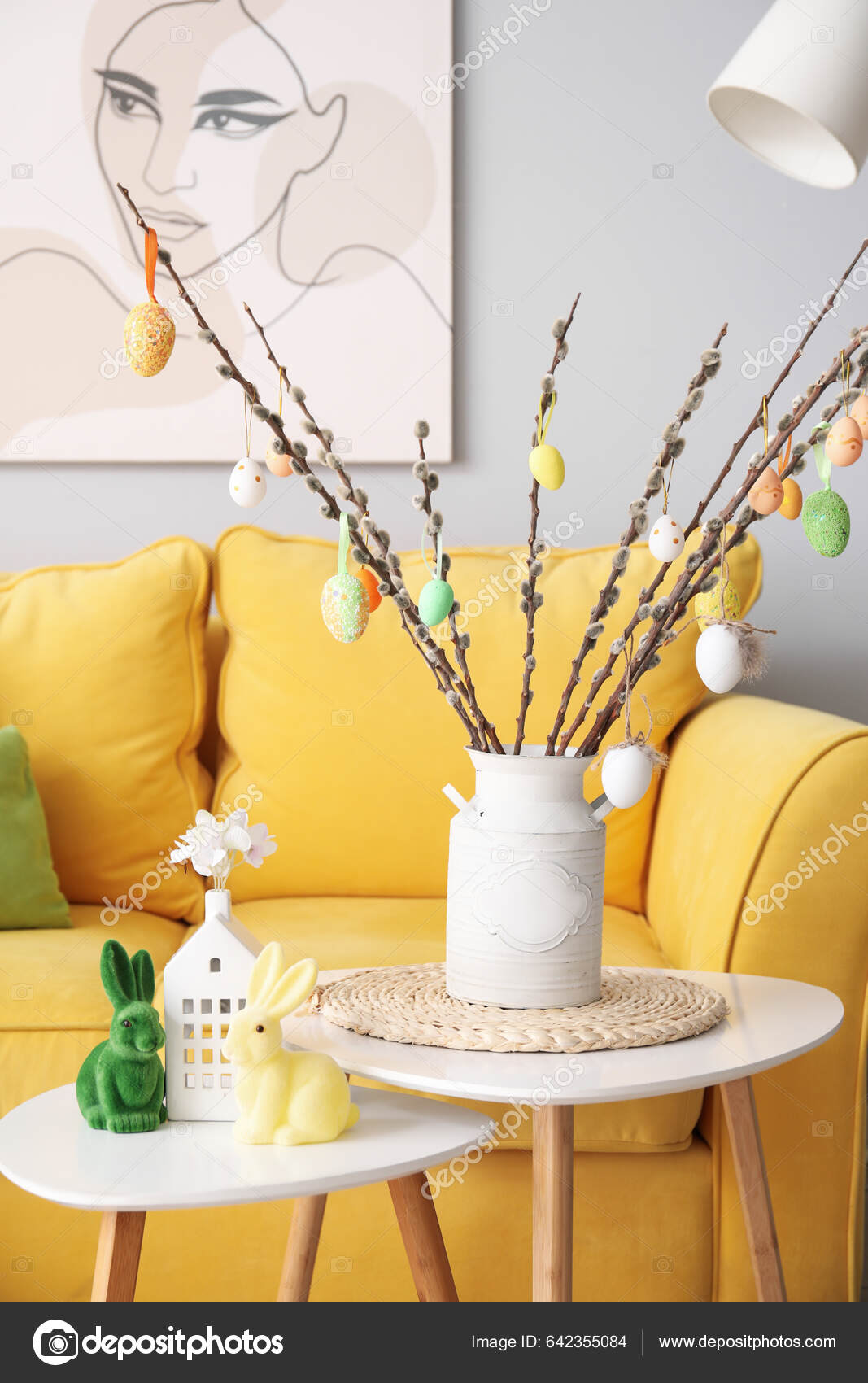 Vase Willow Branches Easter Eggs Rabbits Tables Living Room Stock Photo by ©serezniy 642355084
