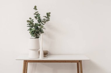 Vase with eucalyptus branches, burning candle and books on table near light wall