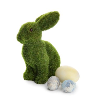 Easter bunny and painted eggs isolated on white background