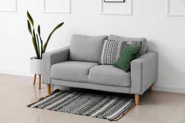 Interior of light living room with grey sofa, houseplant and rug
