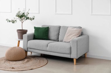 Interior of light living room with grey sofa, houseplant and pouf