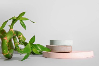 Green bamboo stems and plaster podiums on white background