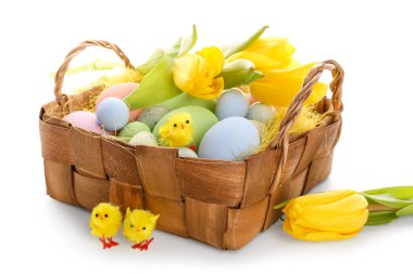Basket with painted Easter eggs, toy chicks and tulip flowers on white background