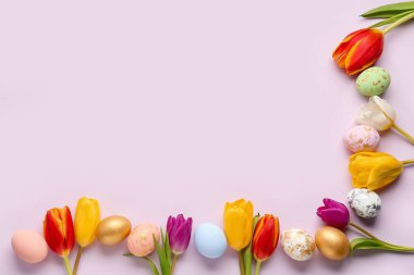 Composition with beautiful tulips and painted Easter eggs on color background