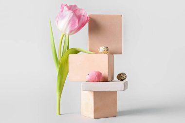 Composition with podiums, tulip flower and Easter eggs on white background