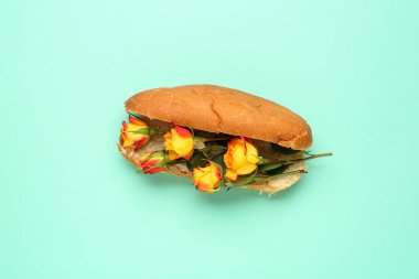 Hot dog with beautiful rose flowers on color background