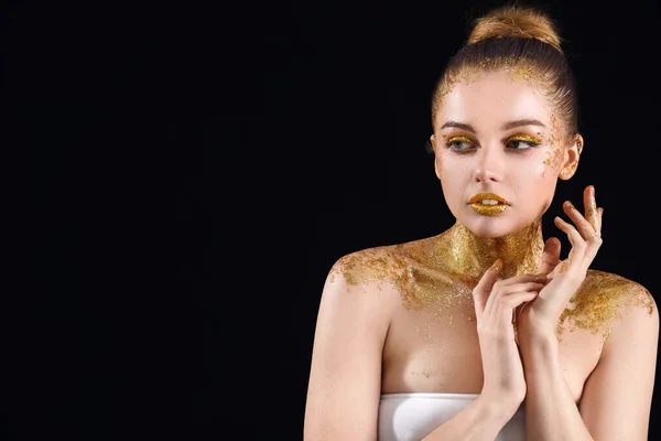 Young Woman Golden Glitter Makeup Black Background — 스톡 사진