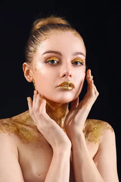 Young Woman Golden Glitter Makeup Black Background Closeup — 스톡 사진