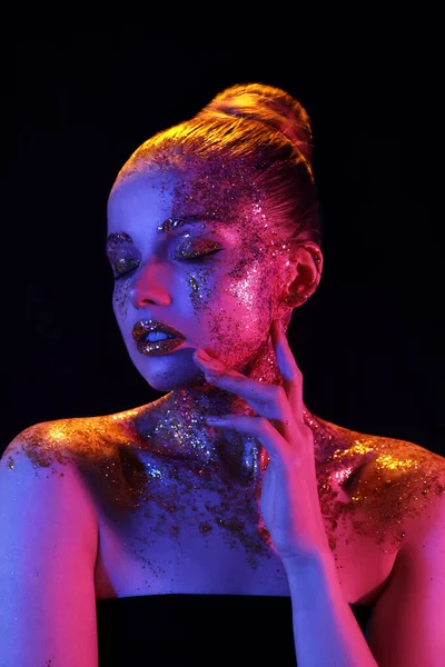 Young Woman Glitter Makeup Dark Background Closeup — 스톡 사진