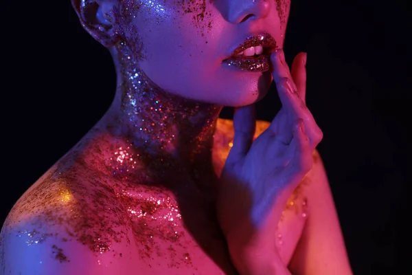 Young Woman Glitter Makeup Dark Background Closeup — 스톡 사진