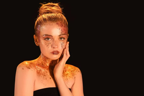 Beautiful Young Woman Glitter Makeup Dark Background — 스톡 사진
