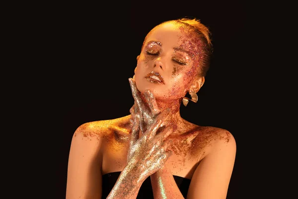 Beautiful Young Woman Glitter Makeup Dark Background — 스톡 사진