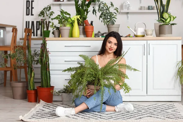 Young Woman Green Houseplants Kitchen — Stock Photo, Image