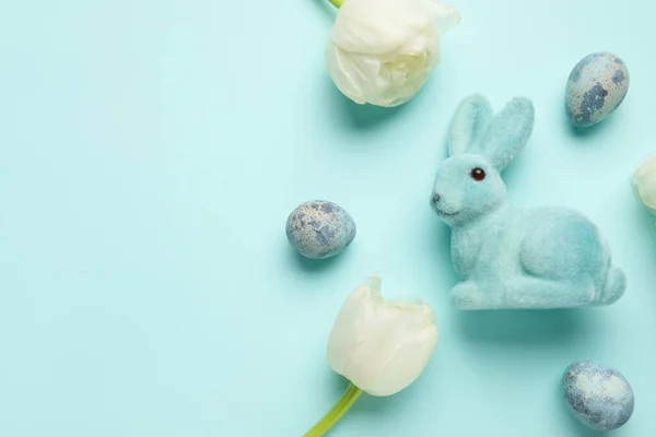 Easter Bunny Tulip Flowers Painted Eggs Blue Background — Φωτογραφία Αρχείου