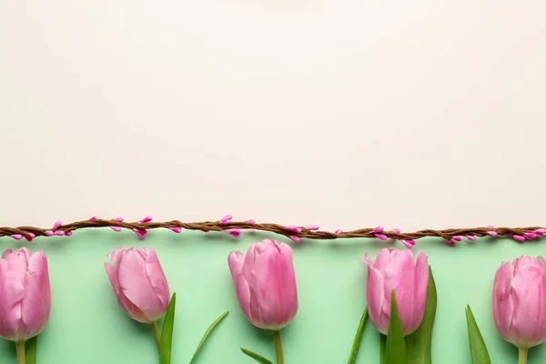 Blank Greeting Card Vine Beautiful Tulip Flowers Green Background — Stok fotoğraf