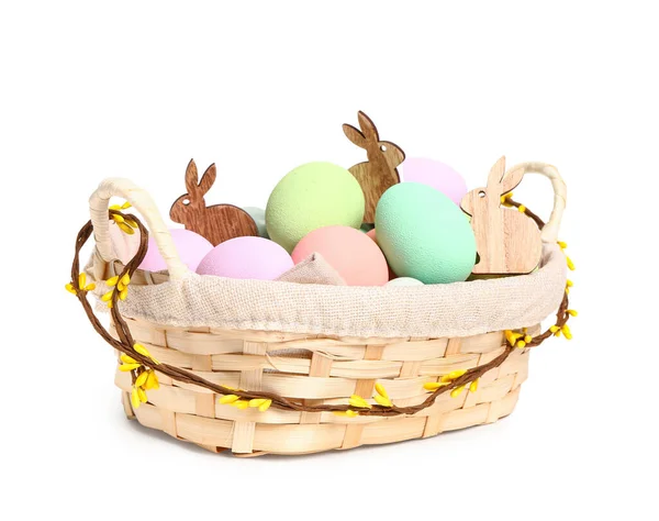 Wicker Basket Painted Easter Eggs Isolated White Background — Stockfoto