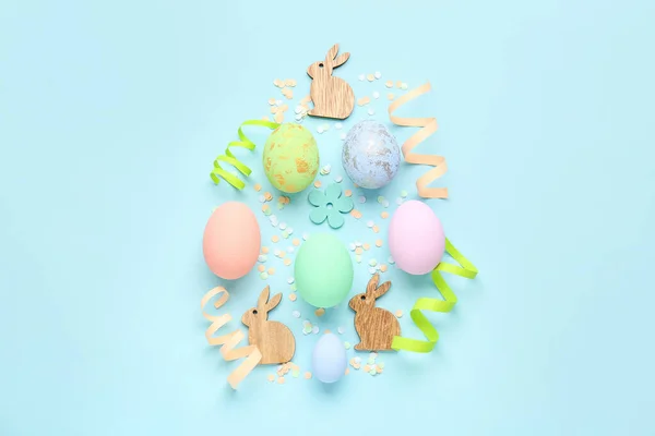 Composition Easter Eggs Decor Confetti Color Background — Foto Stock
