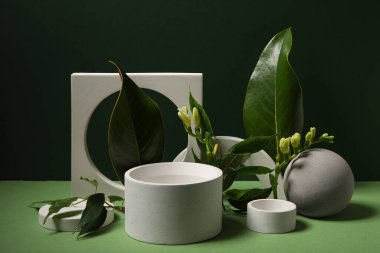 Plaster podiums and different plants on green table against black background