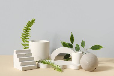 Plaster podiums with fern and ficus branches on beige table against grey background