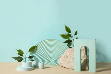 Plaster podiums and ficus branches on beige table against turquoise background