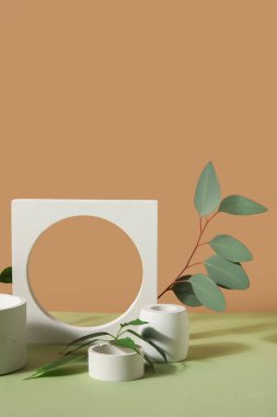 Plaster podiums with eucalyptus and ficus branches on green table against brown background