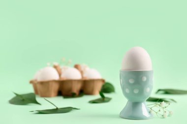 Easter egg in holder and gypsophila flowers on green background